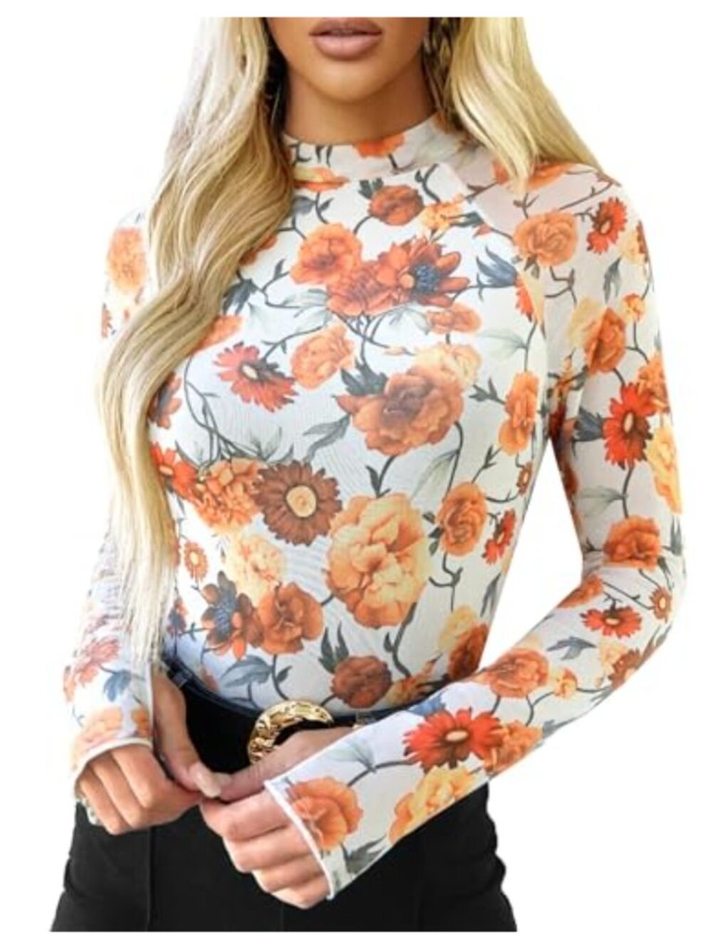 Floral Mesh Mockneck Long Sleeve Fitted Top Thumbholes